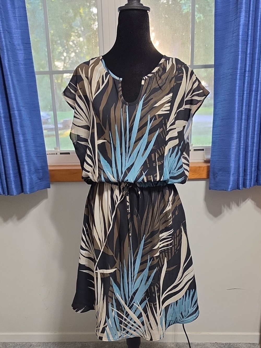 Coco + Carmen Palm-Print Mini Dress in Black, Cream & Blue